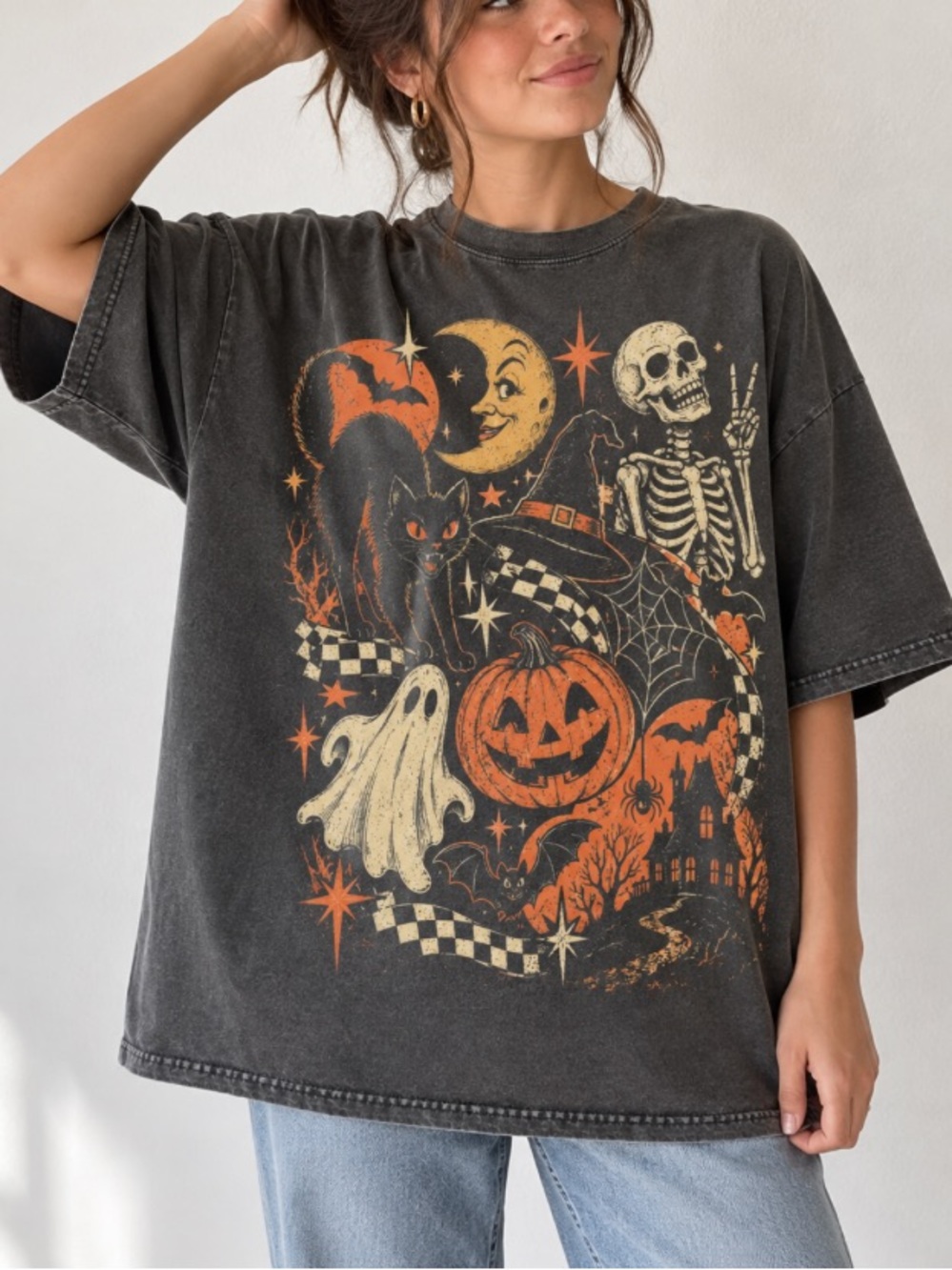 Halloween Shirt, Black Cat Ghost Skeleton T-Shirt, Spooky Cute Pumpkin Witch Tee